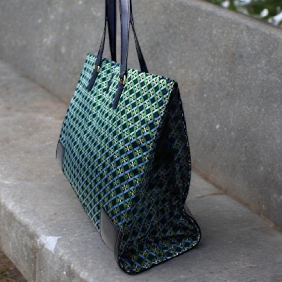 Tory Burch Women's Ella Nylon Printed Tote Navy Multi Geo Logo Bag - Picture 4 of 6